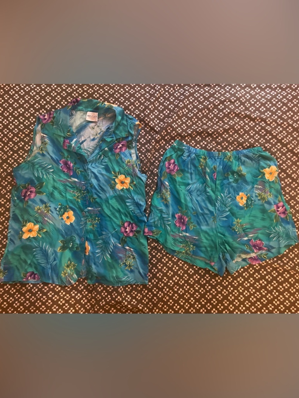 Tropical Floral Sleeveless Blouse and Shorts Two Piece Set - Teal